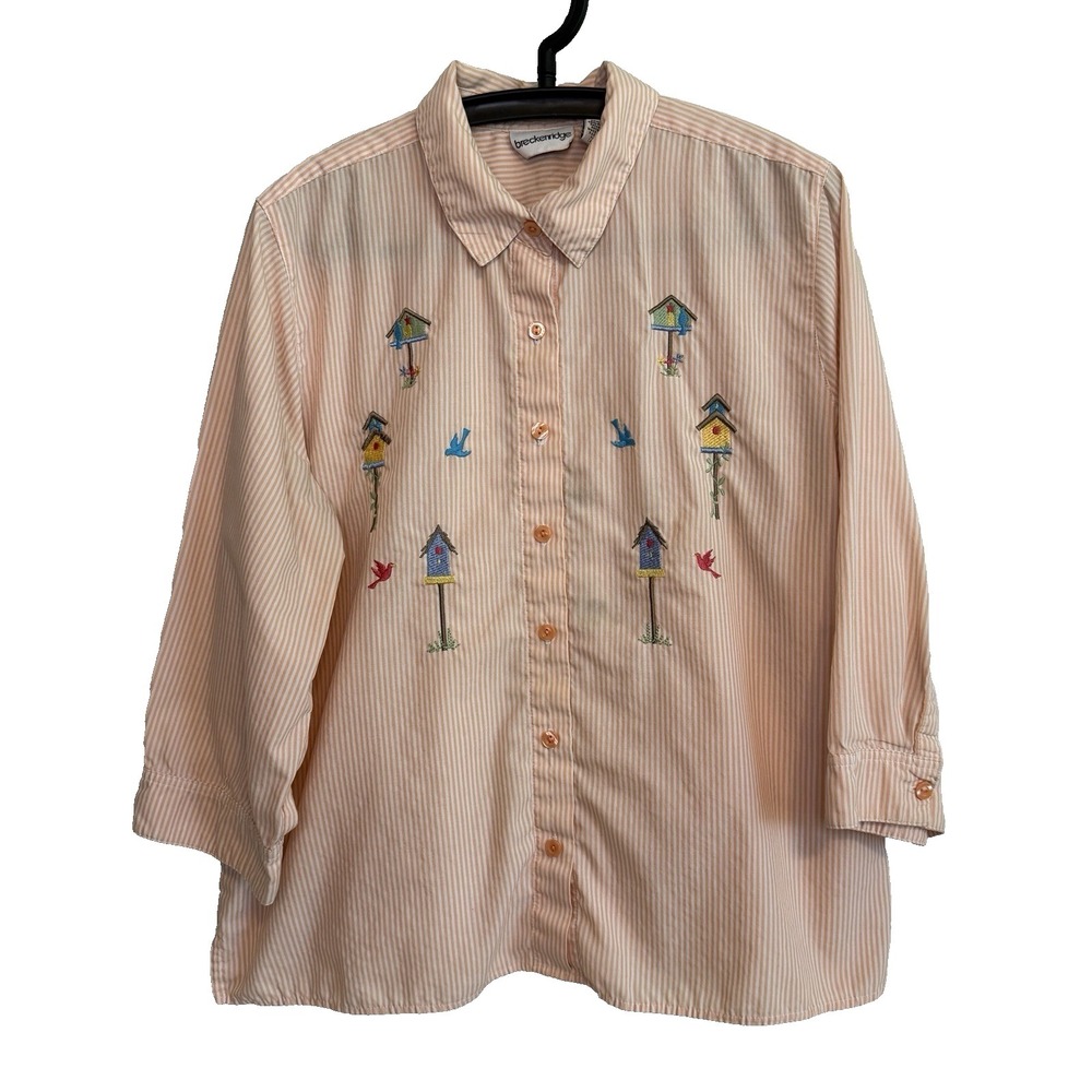 Womens 3/4 Sleeve Striped Button Shirt L Embroidered Birdhouses Cottagecore‎